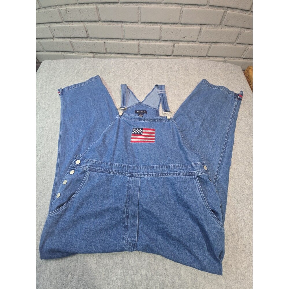 Denim & Co Womens 1X Blue Denim Overalls American Flag Patch Adjustable Straps